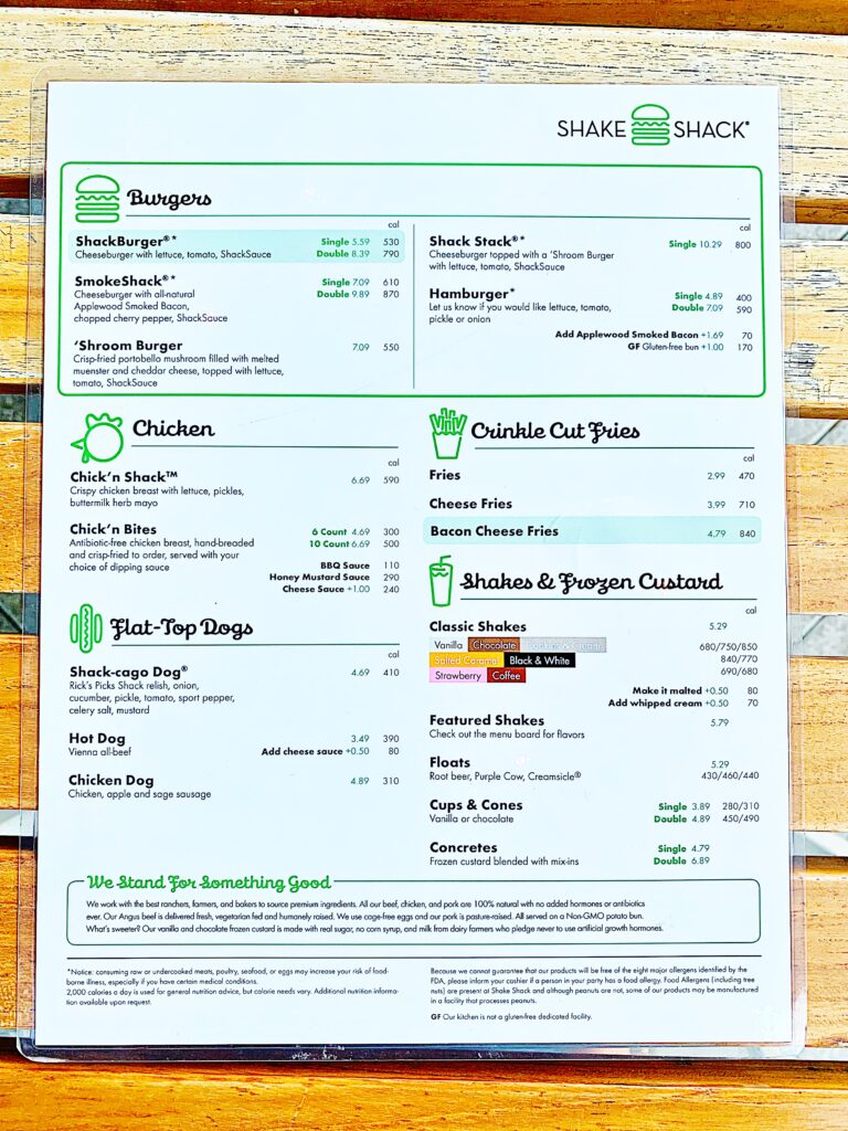 アメリカのシェイクシャックメニュー