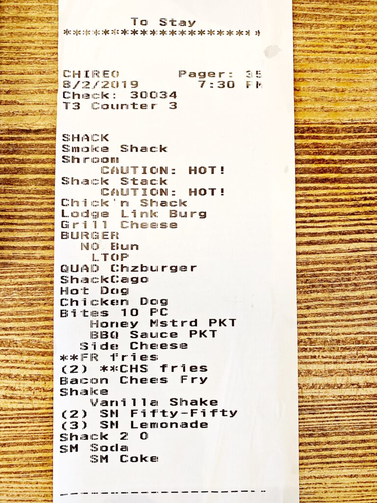 アメリカのシェイクシャックレシート